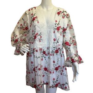 Suzanne Betro Lace Trim V-Neck Empire Tunic Sheer Sleeves Embroidered Floral 3X
